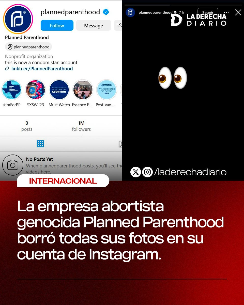 🚨🇺🇸 | La empresa abortista responsable del mayor genocidio de bebés en la historia, Planned Parenthood (IPPF), borró todas sus publicaciones en su cuenta de Instagram luego de que Trump le cortara toda la financiación y anunciara una auditoria de la ayuda económica.