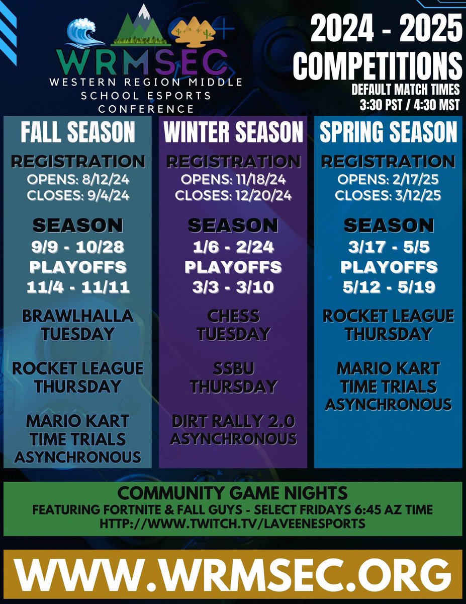 Western Region Middle School Esports Conference Spring Registration for #rocketleague, #mariokart &amp; #DiRTRally opens on Monday 2/17! Over 280 teams have competed in the Fall &amp; Winter Seasons - wrmsec.org