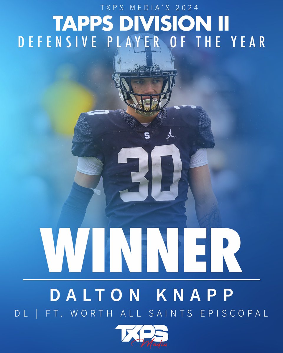 TXPSMedia's tweet photo. The TAPPS D2 Award Winners (2/4)  

OPOY: @ClaudioSJA84, Brownsville St Joseph
DPOY: @daltonknapp_, All Saints Episcopal
Newcomer: @JackDevine2027, Regents
Underclassman: @houston_shaw5, Hyde Park https://t.co/b9aJrv8uVB
