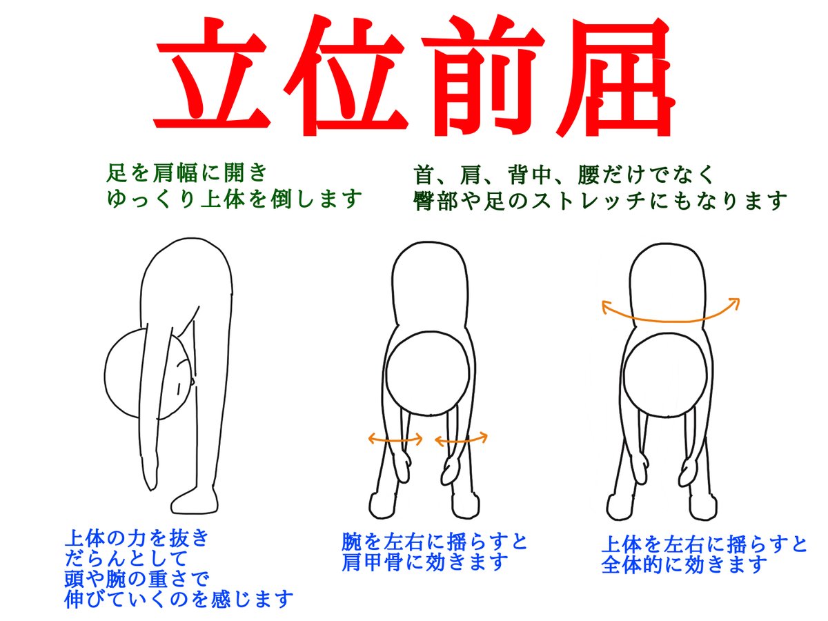 体育の授業で
柔軟性を測るときにやった立位前屈です
下半身の筋肉の緊張をほぐす効果があり
姿勢を保持するのを楽にしたり
歩きやすくする効果もあります
上半身も伸ばされるので
肩コリの解消や
リラックス効果もあります