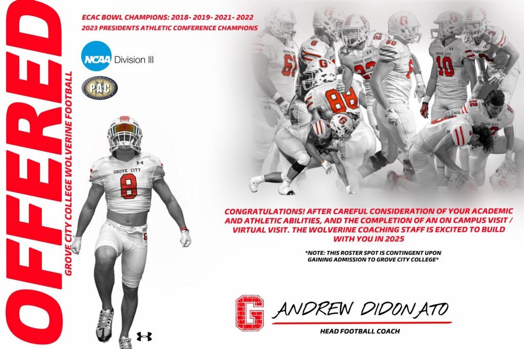 Nickenglish07's tweet photo. After a great conversation with 
 @CoachDanVogt , I’m blessed to receive an offer from Grove City.@GCC_FB https://t.co/ISSPGqrm6y