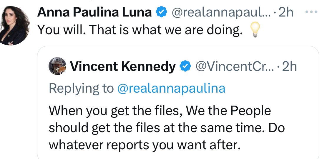Rep Anna Luna that announced upcoming hearings on JFK/RFK/MLK/911/Covid origins and UAP…responded to <a href="/VincentCrypt46/">Vincent Kennedy</a> about the files! 

She confirms We the People will get the files! 🔥🔥🔥🔥🔥