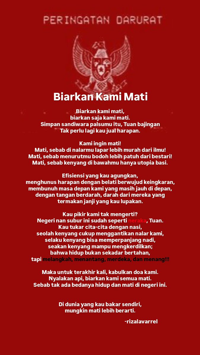 rizalavarrel's tweet image. PERINGATAN DARURAT!!! LAWAN!!!

#savekipkuliah 
#KIPKuliah
#JanganGangguAnggaranPendidikan
#PendidikanNomorSatu
#AdiliJokowi
#IndonesiaGelap2025
#PeringatanDarurat 
#IndonesiaCemas2025