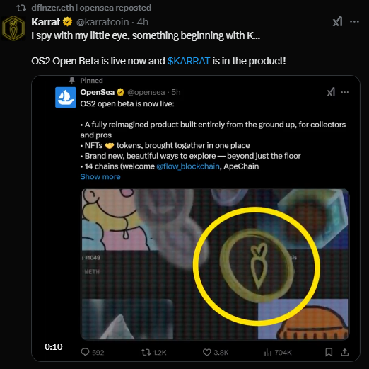 RepoTheBag's tweet photo. THE CEO OF OPENSEA REPOSTED A @karratcoin POST!!

ARE YOU BULLISH YET!? 📈