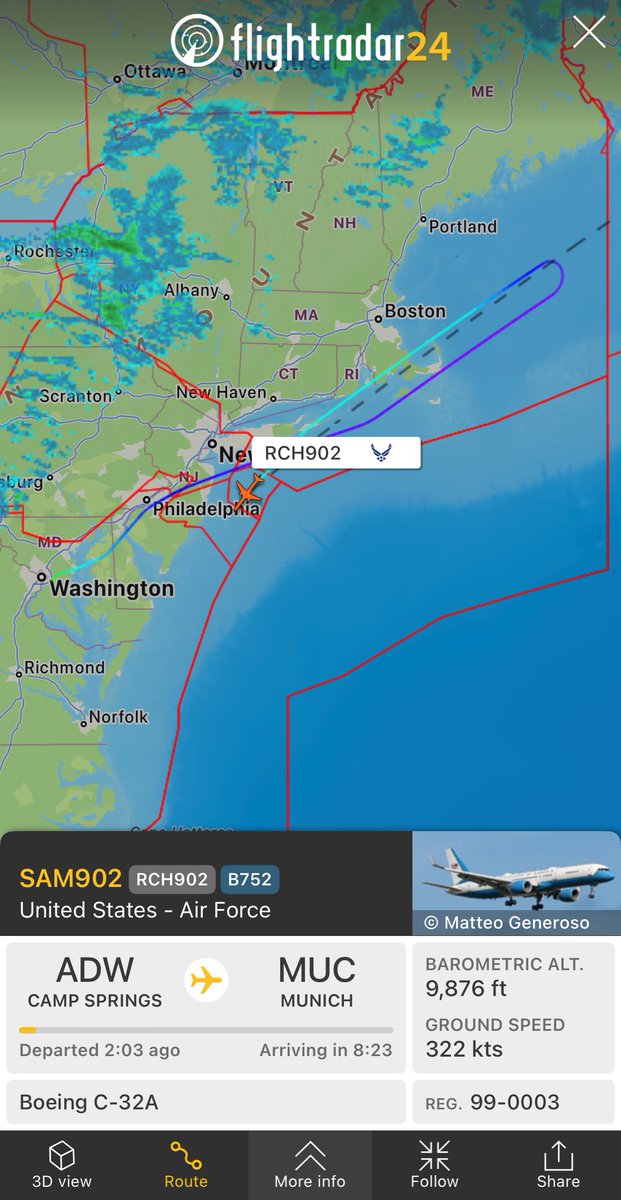 flightradar24's tweet image. #RCH902 from Camp Springs to Munich has turned around and descended below 10,000 feet. This is often indicative of an aircraft pressurization problem. 
fr24.com/SAM902/391e922d