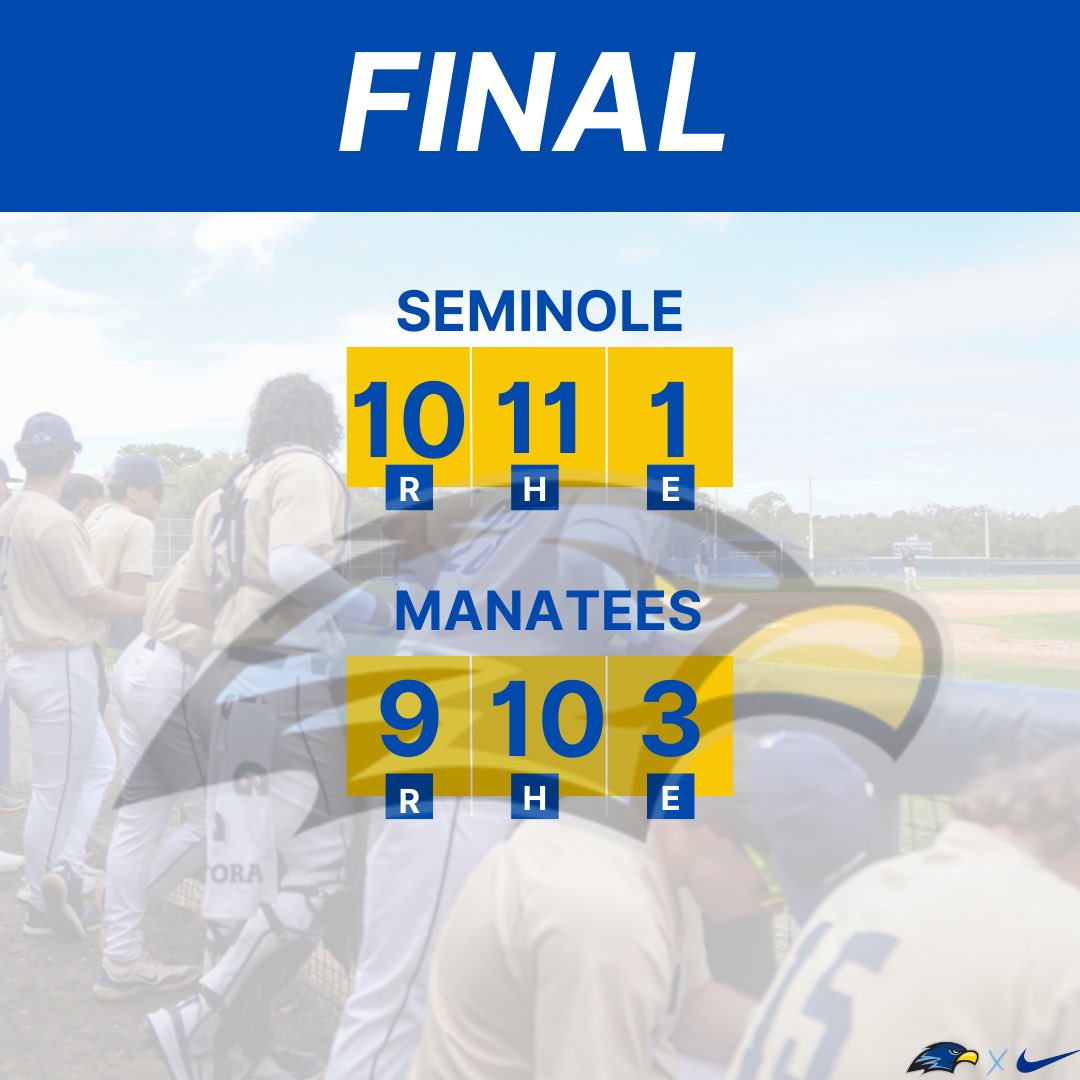 🔥 RAIDERS WIN! 🔥

Seminole State takes the 10-9 victory over State College of Florida in a hard-fought battle to kick off conference play! 💪⚾ 

🔹 11 hits on the day
🔹 Clutch plays down the stretch

Let’s keep it rolling, Raiders! 🔵🟡#GoRaiders  #WinColumn #ConferencePlay
