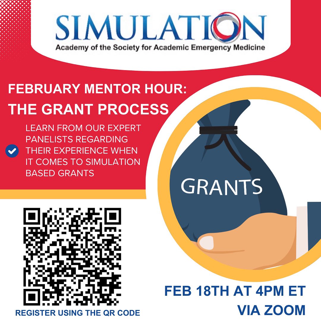 SAEMSimAcademy's tweet image. Have you considered applying for a grant? Not sure what to do next? Join our upcoming mentor hour! We have a panel of expert simulationists who have gone through the whole process themselves! Register for the webinar using the included QR code. See you there! #saem #simacademy