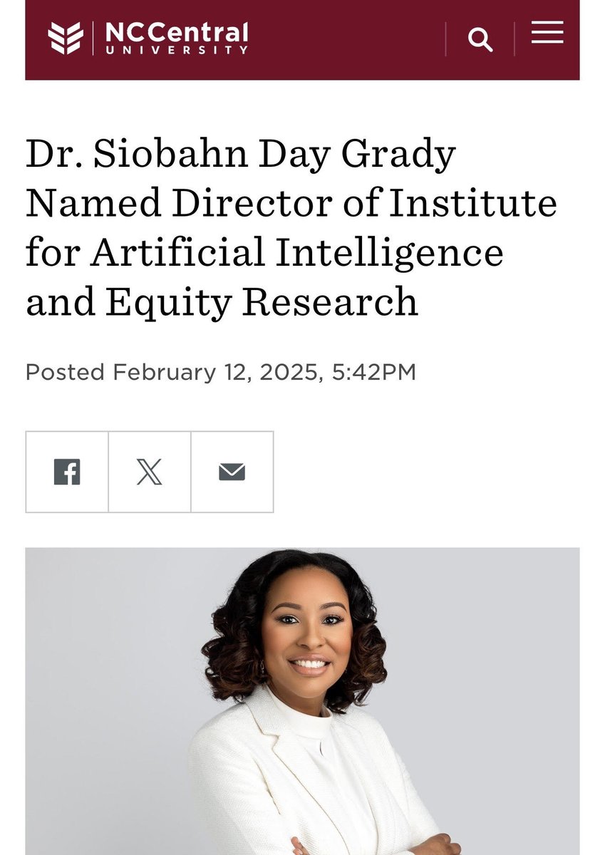 Exciting News!  NCCU proudly names Dr. Siobahn Day Grady as the inaugural Director of the Institute for AI and Equity Research IAIER!  She’ll lead in ethical AI, innovation, and workforce dev., collaborating with OpenAI, FICO, Google &amp; more.  nccu.edu/iaier #AIForEquity