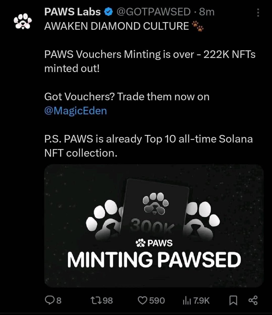 THECRYPTOBiz205's tweet image. PAWS voucher minting is over🔥

total supply is 222k

no more voucher🫵🏻 Lets all Hope and expect massive price pump
#paws #pawslisting