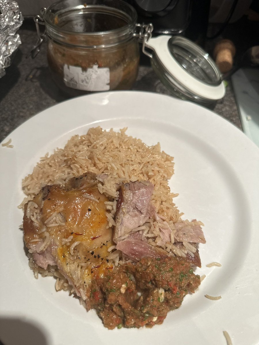 Home cooked roast lamb and rice dish
