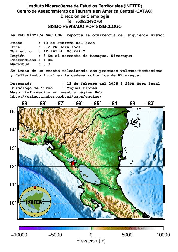 La red sísmica nacional reporta la ocurrencia de sismo hoy 13 de febrero, a las 8:26 PM, a 3KM al noroeste de Managua, con una profundidad de 1KM y una magnitud de 3.3°.