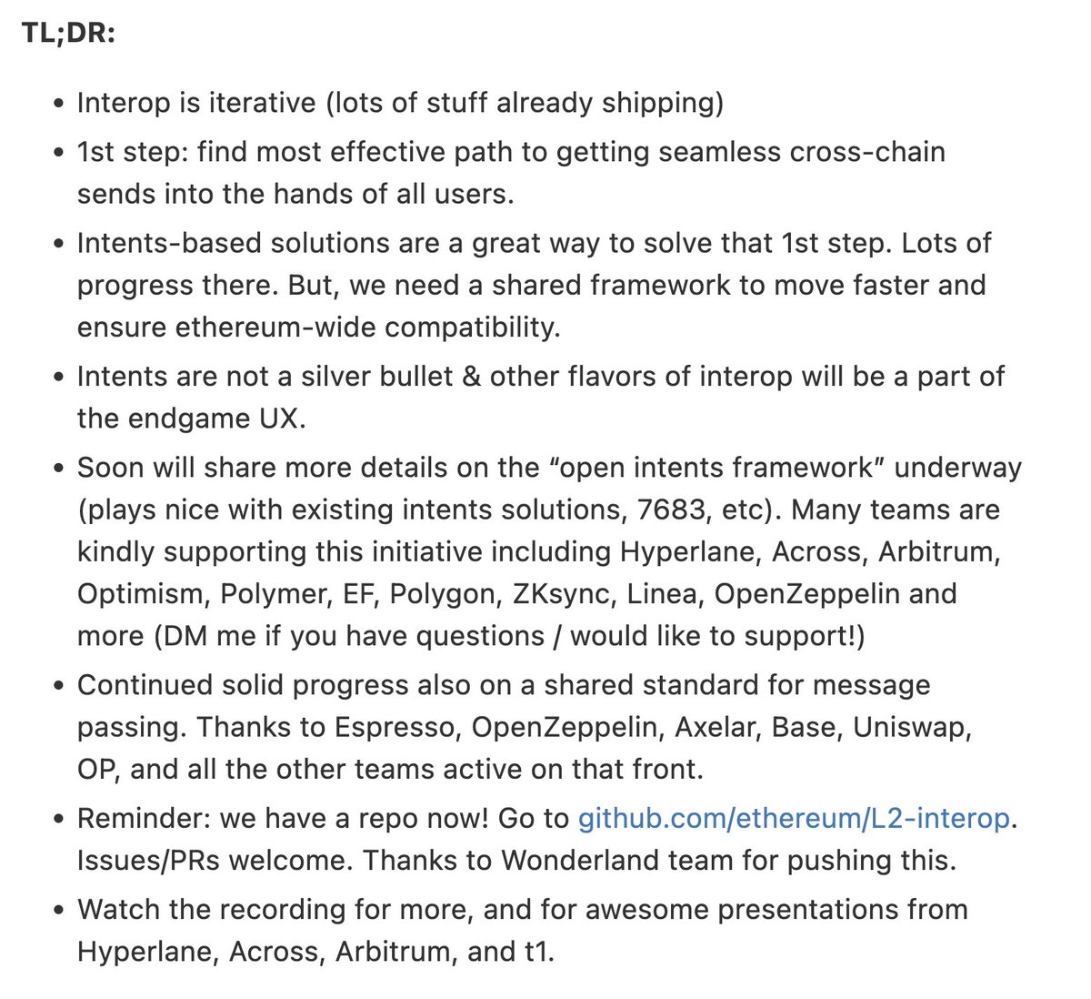 joshrudolf.eth (@rudolf6_) on Twitter photo ๐ Yep, L2 interop is coming together ๐
โจ Highlights from today's L2 Interop call!
๐บ Notes + Recording: notes.ethereum.org/@rudolf/l2-intโฆ
๐ Thanks all who represented on the call today! <a href="/arbitrum/">Arbitrum</a> <a href="/base/">Base</a> <a href="/Celo/">Celo.eth/acc ๐ฆ ๐ณ</a> <a href="/LineaBuild/">Linea.eth</a> <a href="/Optimism/">optimism.eth</a> <a href="/0xPolygon/">Polygon</a> <a href="/Scroll_ZKP/">Scroll</a> <a href="/Starknet/">Starknet ๐บ๐ฑ</a> <a href="/taikoxyz/">Taiko.eth ๐ฅ</a> ๐ Yep, L2 interop is coming together ๐
โจ Highlights from today's L2 Interop call!
๐บ Notes + Recording: notes.ethereum.org/@rudolf/l2-intโฆ
๐ Thanks all who represented on the call today! <a href="/arbitrum/">Arbitrum</a> <a href="/base/">Base</a> <a href="/Celo/">Celo.eth/acc ๐ฆ ๐ณ</a> <a href="/LineaBuild/">Linea.eth</a> <a href="/Optimism/">optimism.eth</a> <a href="/0xPolygon/">Polygon</a> <a href="/Scroll_ZKP/">Scroll</a> <a href="/Starknet/">Starknet ๐บ๐ฑ</a> <a href="/taikoxyz/">Taiko.eth ๐ฅ</a>