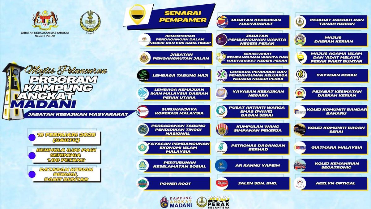 Majlis Peluncuran Program Kampung Angkat Madani @ Kampung Kedah, Parit Buntar Jabatan Kebajikan Masyarakat akan berlangsung pada 15 Februari 2025 (Sabtu), bermula 8.00 pagi sehingga 1.00 tengah hari bertempat di Dataran Kerian Permai, Parit Puntar, Perak.