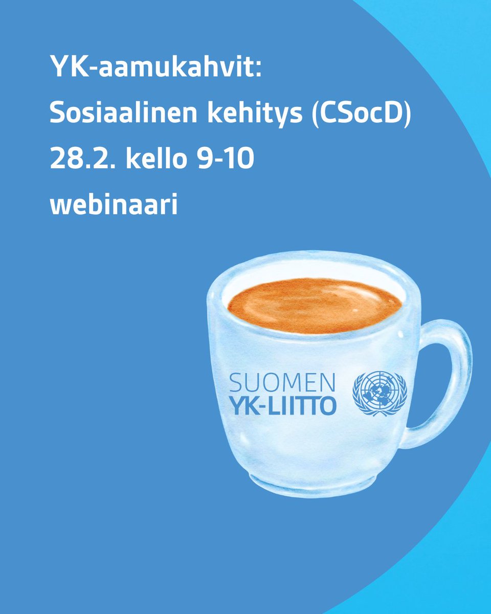 Tervetuloa YK-aamukahveille (webinaari)!
28.2. kello 9-10

Tuoreimmat kokouskuulumiset YK:n Sosiaalisen kehityksen toimikunnasta kertovat 

Satu Leino <a href="/STM_Uutiset/">Sosiaali- ja terveysministeriö</a> 
ja 
<a href="/DufvaVirpi/">Virpi Dufva</a>  <a href="/Valli_ry/">VALLI</a> 

Ilmoittaudu: ykliitto.fi/tapahtumat/yk-…