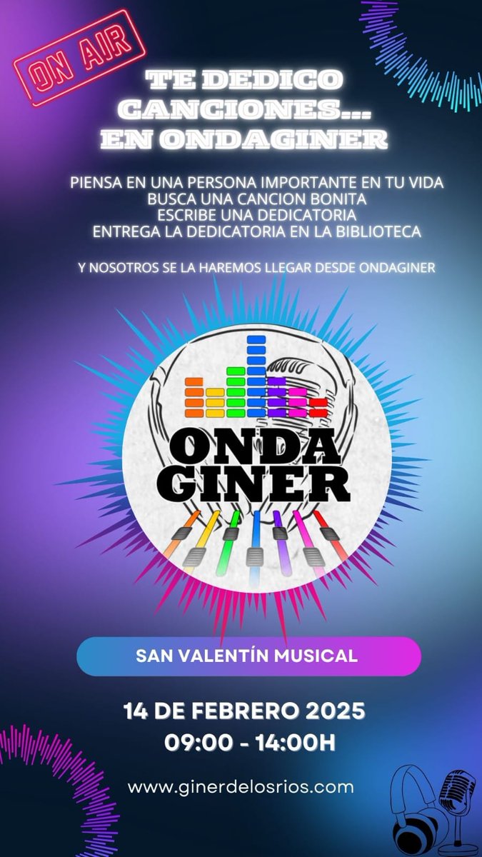 ❤️🎶 Este viernes dedicaremos un programa a vuestras canciones favoritas. ¿Quieres que suene la tuya? Solo tienes que anotarla en la biblioteca y la emitiremos en nuestro especial de la mañana del viernes. ¡No te lo pierdas! 💕🎵

radioedu.educarex.es/ondaginer/