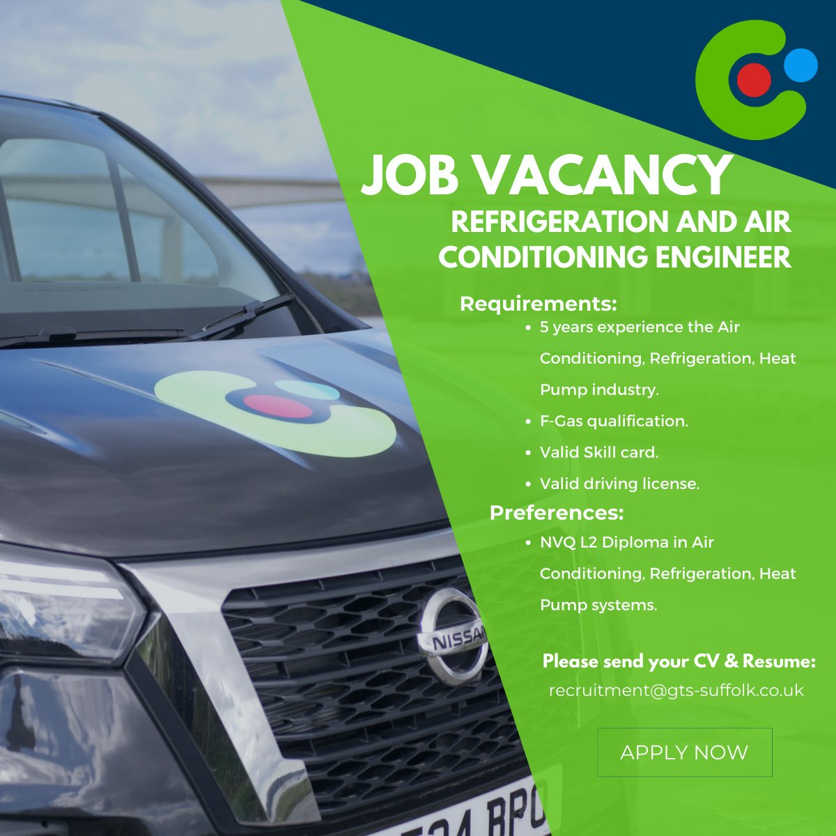 G_T_SLtd's tweet image. We're looking for an experienced Refrigeration and Air Conditioning engineer to join the GTS team. This role will cover a variety of tasks including installation and PPM work.
Please send your CV to recruitment@gts-suffolk.co.uk.
#GTS #AirConditioning #Refrigeration #Engineer