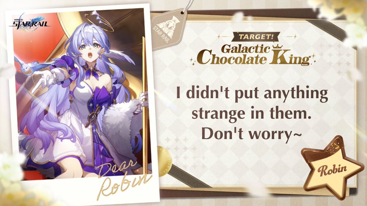 BrickyBs's tweet photo. #TargetGalacticChocolateKing
I want to give a gift to #Robin

🔻 Click the link below to make chocolate and receive response! Event will be open until 2/18.
https://t.co/sENbgRI9u0

@honkaistarrail #HonkaiStarRail https://t.co/xaEgSGum0n
