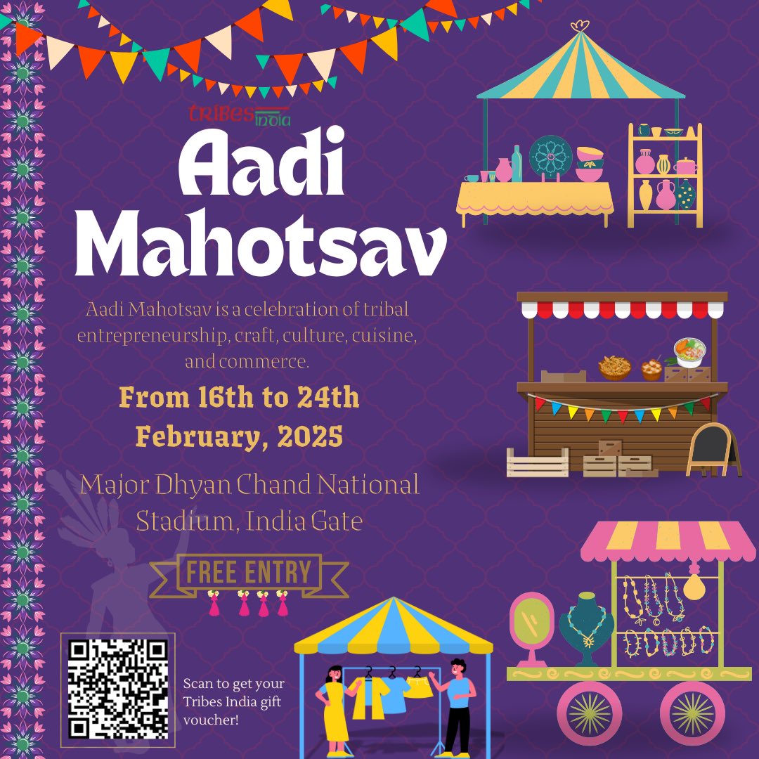 Join the Aadi Mahotsav 🎉festival in Delhi from February 16-24, 2025, at Major Dhyan Chand National Stadium. Experience tribal crafts, traditional cuisines, and cultural performances.
Don't miss the celebration on February 16th.
Entry is free 
#AadiMahotsav2025 #Tribesindia