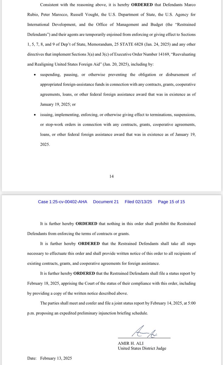 BREAKING: Federal judge pauses Trump’s freeze on foreign aid.

He specifically ordered the flow of money to any contracts, grants or loans that were in existence at the end of the Biden administration to continue. He also halted any efforts to terminate or impose stop-work orders