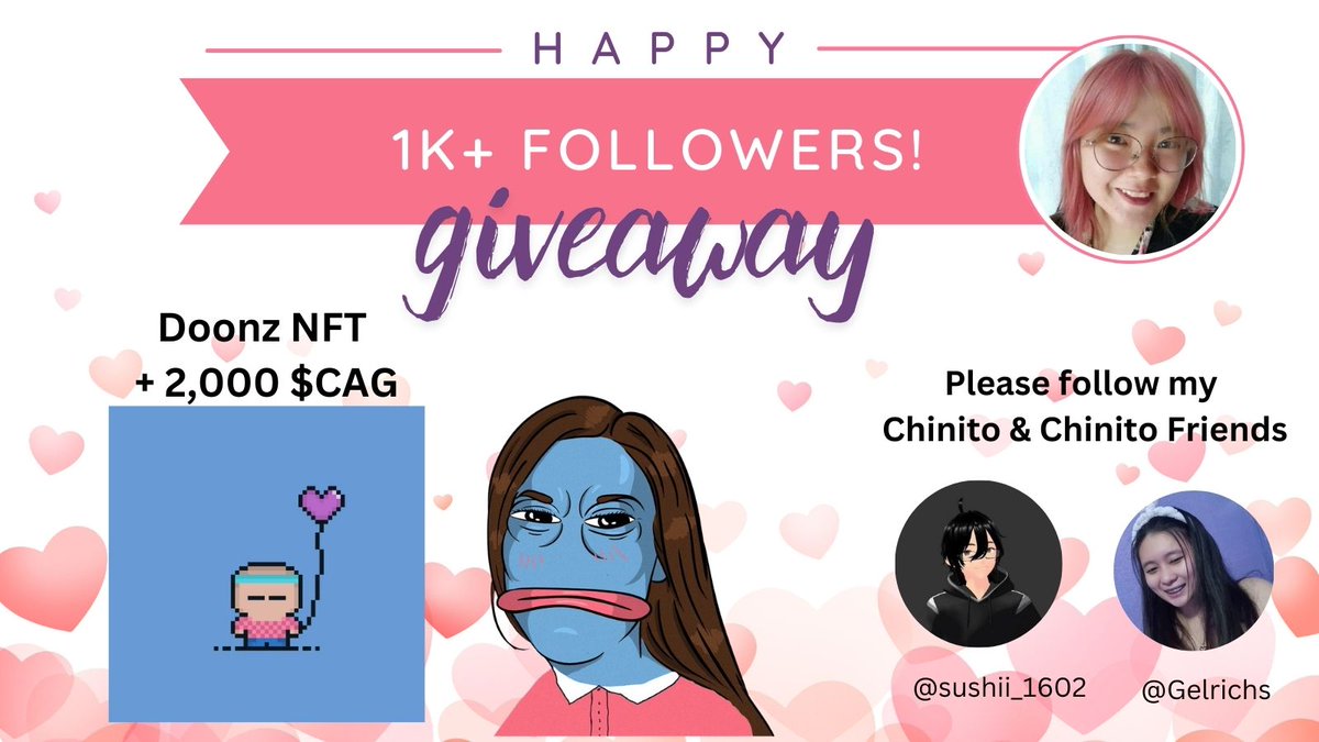 🎉 1k+ Followers Giveaway! 🎉

To celebrate reaching 1k+ followers, I’ll be giving away Doonz NFT and 2K $CAG to one lucky winner! 🌟

How to join?

1. Make sure you Follow me <a href="/sinta_1521/">Sinta🎵✨ | KIND| APH</a>
2. Follow my CAGuy and CAG friends:
 <a href="/sushii_1602/">Sushii 🍣</a>  &amp; <a href="/Gelrichs/">Gelrichs.ron</a> 
3. Like + RT + Share this