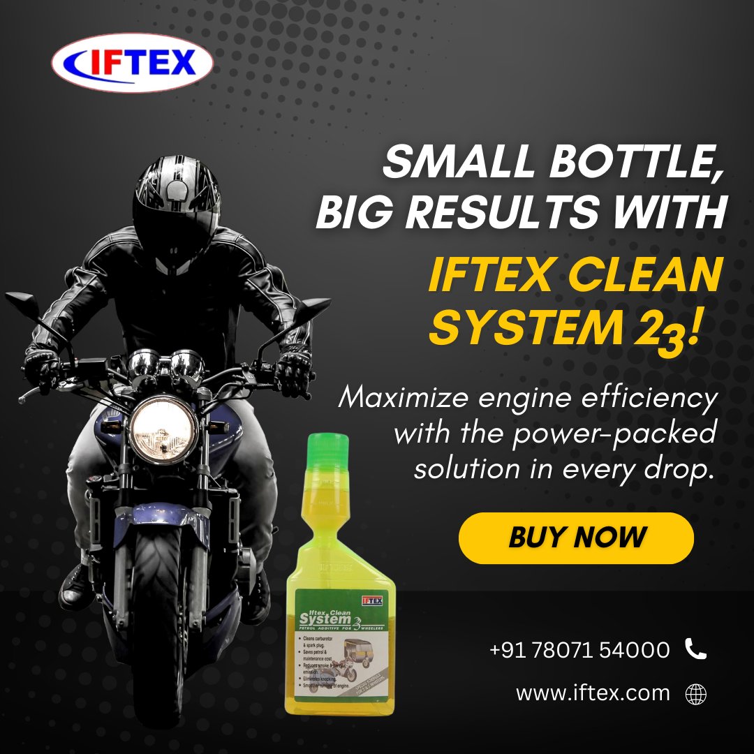 iftexoil's tweet image. Small Bottle, Big Results with Iftex Clean System 23!
Maximize engine efficiency and unlock peak performance with the power-packed solution in every drop. 
📞 For queries/orders, contact: +91 78071 54000
#IFTEX #engineefficiency #fueladditive #peakperformance #carcare #fuelsaver