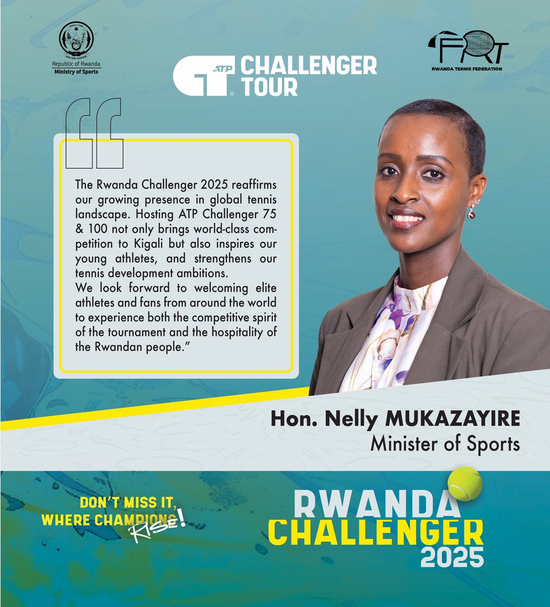 Rwanda Challenger (@rwachallenger) on Twitter photo Introducing the #RwandaChallenger2025.
Here is what you should know.
1. What does hosting ATP Challenger 75 & 100 mean for Rwanda?
The <a href="/Rwanda_Sports/">Ministry of Sports|Rwanda</a> minister <a href="/nmukazayire/">Nelly Mukazayire</a> explains why: Introducing the #RwandaChallenger2025.
Here is what you should know.
1. What does hosting ATP Challenger 75 & 100 mean for Rwanda?
The <a href="/Rwanda_Sports/">Ministry of Sports|Rwanda</a> minister <a href="/nmukazayire/">Nelly Mukazayire</a> explains why: