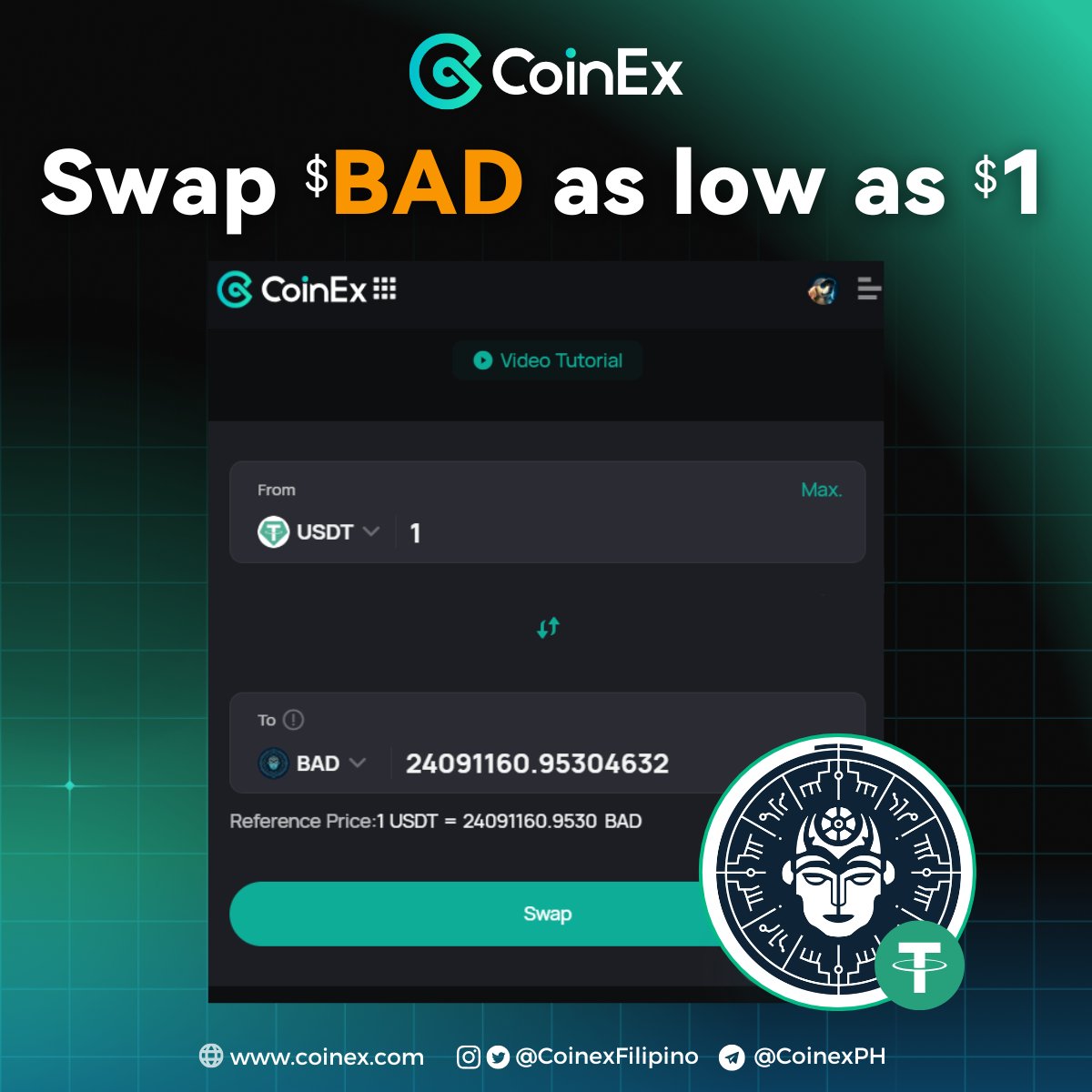 Did you know? 
You can swap $BAD as low as $1?

As of today: $1 = 24 Million $BAD

Try it via #CoinExSwap 👉 coinex.com/en/swap/usdt-b…

#Crypto #CoinEx #Swap <a href="/badideaai/">Bad Idea AI</a> <a href="/coinexcom/">CoinEx Global</a>