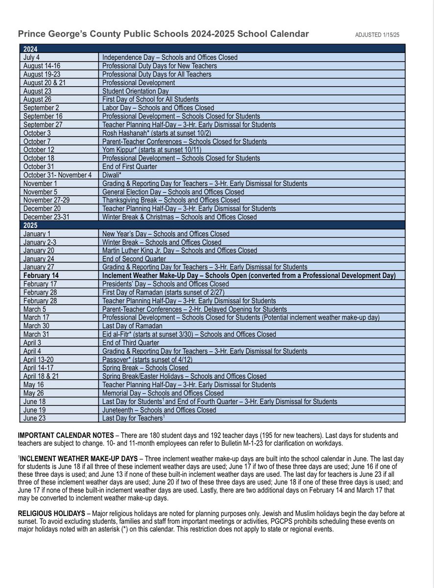Updates to School Calendar
