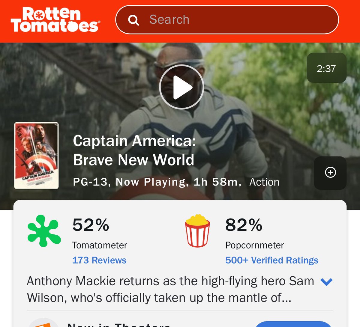 The plot thickens!!!

Look at that audience score! 👀
Bodes well for the CinemaScore!

(Toldja it’s good!)

It’s going to be a very interesting weekend!

#CaptainAmericaBraveNewWorld 
#Marvel #MCU