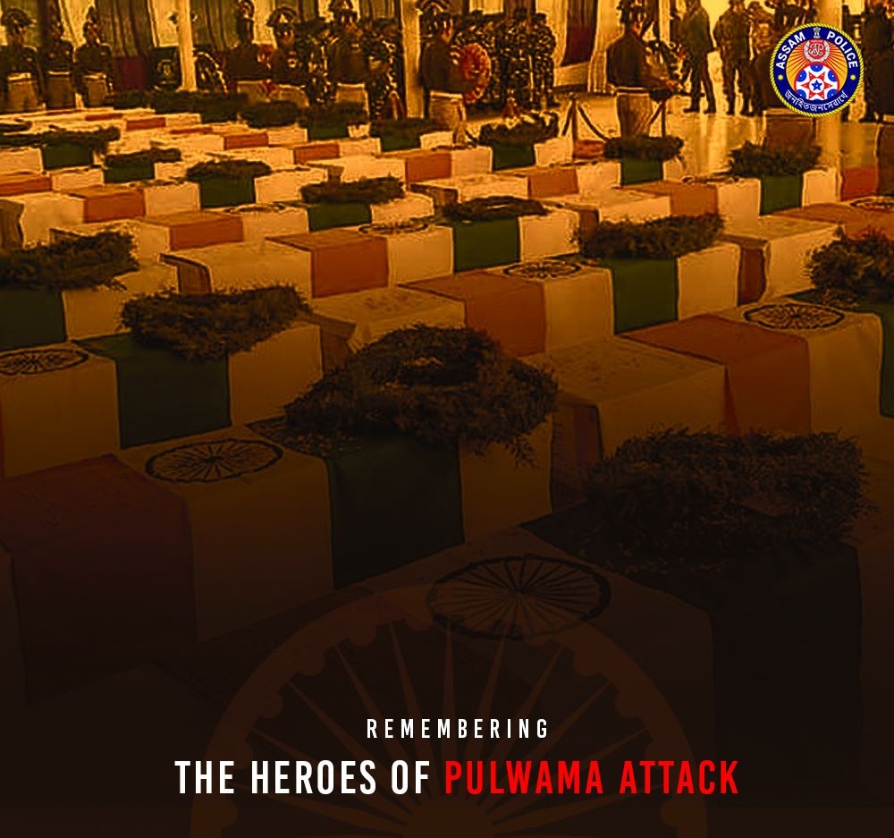 assampolice's tweet photo. On this day in 2019, 40 bravehearts made the supreme sacrifice in the dastardly attack in Pulwama. 

We will #NeverForget and are forever indebted to the sacrifice &amp; unflinching courage of our bravehearts, who laid down their lives for the Nation.

@HardiSpeaks @DGPAssamPolice https://t.co/DHZXzZjg3w