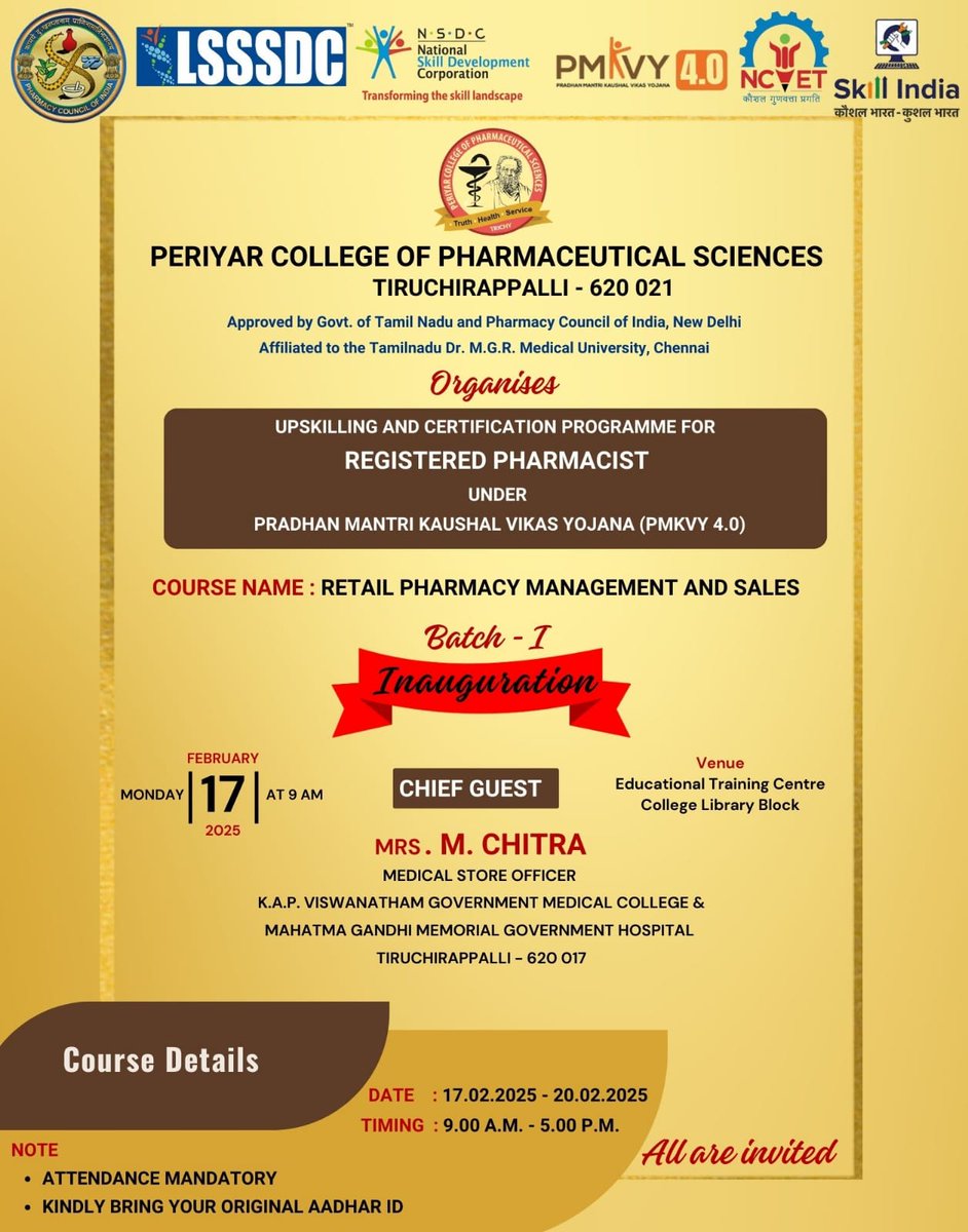 <a href="/LSSSDC/">Life Sciences Sector Skill Development Council</a> is pleased to announce the Start of its #PMKVY4 #Upskilling batch with <a href="/President_PCI/">Pharmacy Council of India</a> on 17 Feb 2025 for registered #Pharmacist of TamilNadu.
Thanks to <a href="/MSDESkillIndia/">Skill India</a> for Funding support under PMKVY 4.0 Scheme <a href="/NSDCIndia/">NSDC India</a> <a href="/NCVETIndia/">NCVET India</a> #SkillIndiaProgram2025