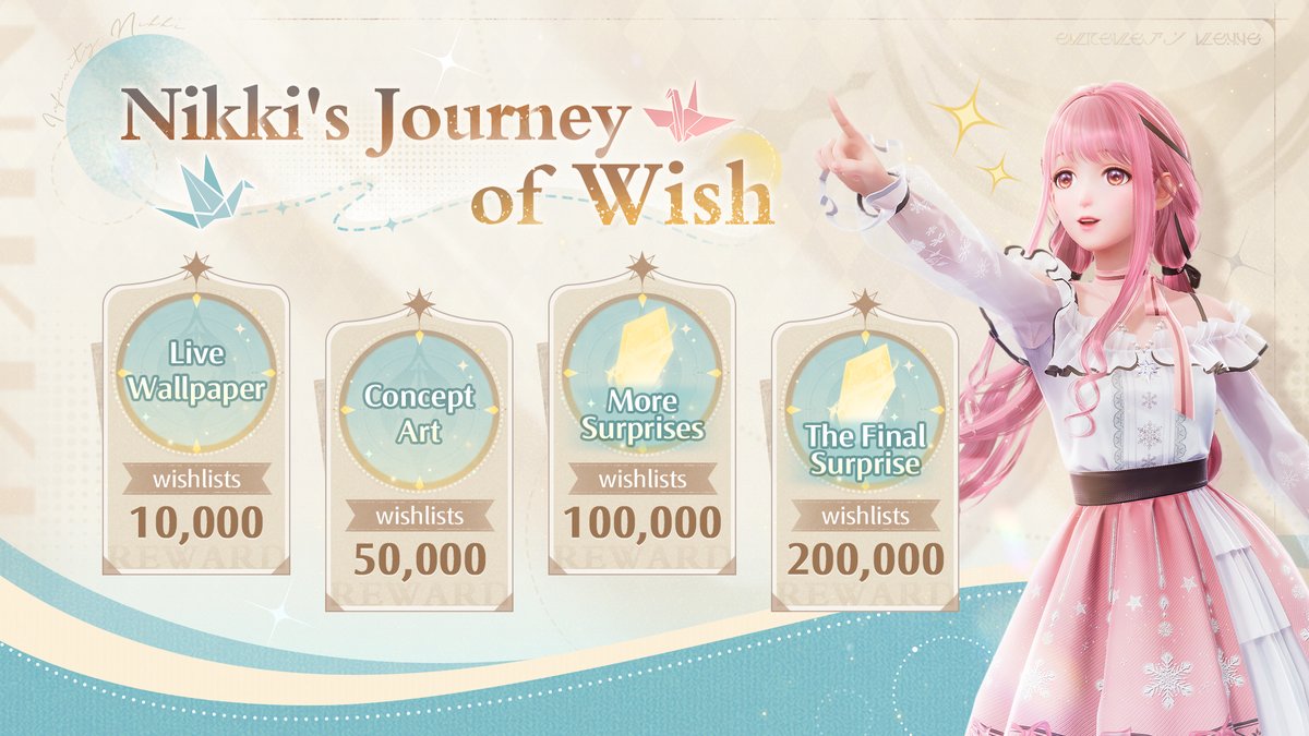 InfinityNikkiEN's tweet image. Infinity Nikki is coming to Steam with an exciting event – Nikki's Journey of Wish! 💫

Unlock special surprises as we reach wishlist milestones.
Add Infinity Nikki to your wishlist and embark on this adventure.

📌Learn More: store.steampowered.com/app/3164330/In…

#infinitynikkionsteam…