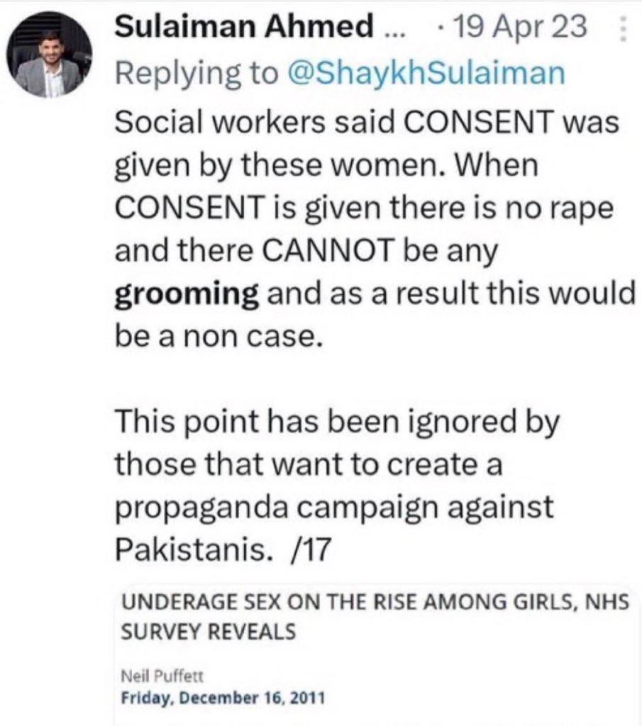 Gadget440's tweet photo. ๐จ๐จ Why does Sulaiman Ahmed support convicted pedophile Keith Fox to attack victims of his self-confessed sex trafficker friend Andrew Tate?
These tweets give a look into the mind of Sully, which explains a lot. He says "rape although terrible is about feelings. Life >feelings."
He also says that victims of child grooming gangs gave "consent," so can not have been raped. A very pro pedophilia stance.
@ShaykhSulaiman Do you disavow your previous support of convicted pedophile Keith Fox, and apologise to his victim?