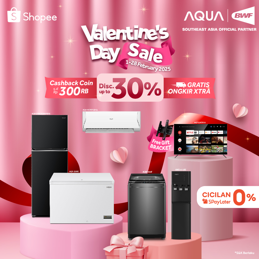 aquaelektronik's tweet photo. Spesial hari kasih sayang, #AQUAElektronik mau bagi-bagi promo spesial sepanjang bulan February!
Nikmati diskon up to 30%, cashback coin up to 300 RIBU, GRATIS ongkir, dan ada cicilan 0% Shopee Paylater. Yuk, langsung check out di Shopee sekarang! #MoreLivingLessWorrying https://t.co/MY85NARcnW