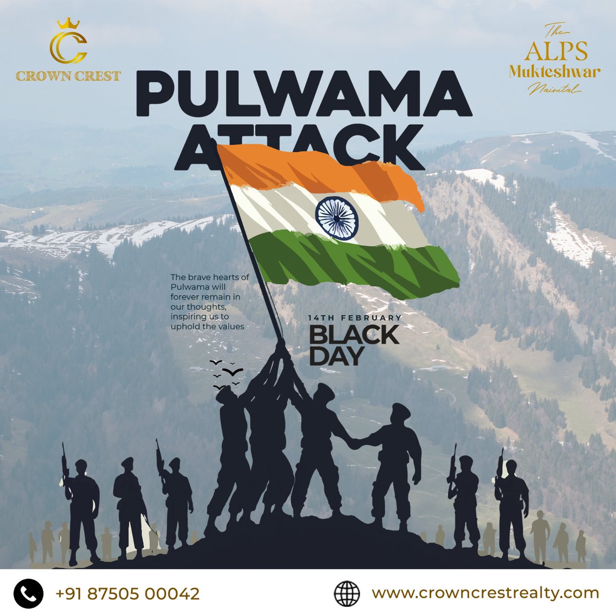 crowncrestinfra's tweet photo. Remembering the Brave Hearts of Pulwama. 

On this Black Day, we salute the sacrifice and courage of our soldiers who laid down their lives for the nation. Jai Hind! 🙏🕊
.
.
.
#PulwamaAttack #BlackDay #SaluteToBraveHearts #IndianArmy #WeRemember #NationFirst #NeverForget https://t.co/fUI2A4z1G4