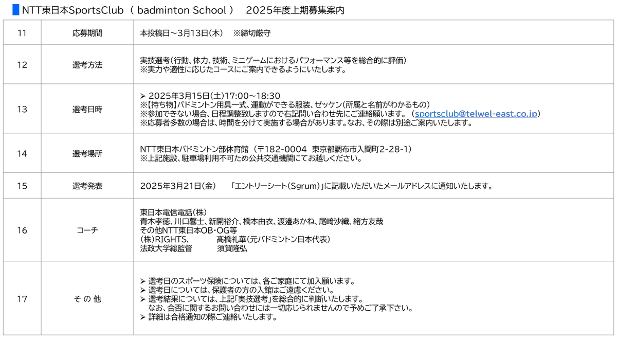 ◆◆バド上期選考会開始！◆◆
「NTT東日本Sports Club Badminton School」は
2025年度上期の選考募集を開始しました！
詳しくは募集要項をご確認ください

▼応募先
sgrum.com/entry/s2060ftv…

▼スクール詳細
sgrum.com/web/ntteastspo…

▼お問合せ先（平日9:00-17:00）
sportsclub@telwel-east.co.jp
