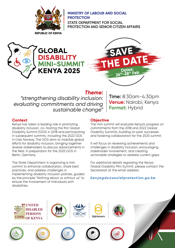 Christian Aid, Kenya (@caid_kenya) on Twitter photo Save the Date! 
Kenya is hosting the Global Disability Mini-Summit from February 26-28, 2025, bringing together stakeholders to evaluate past commitments and drive sustainable change ahead of the Global Disability Summit 2025 in Berlin.
<a href="/KAIHHQ1/">KAIH HEADQUARTERS</a> <a href="/UDPKenya/">UDPK</a> Save the Date! 
Kenya is hosting the Global Disability Mini-Summit from February 26-28, 2025, bringing together stakeholders to evaluate past commitments and drive sustainable change ahead of the Global Disability Summit 2025 in Berlin.
<a href="/KAIHHQ1/">KAIH HEADQUARTERS</a> <a href="/UDPKenya/">UDPK</a>