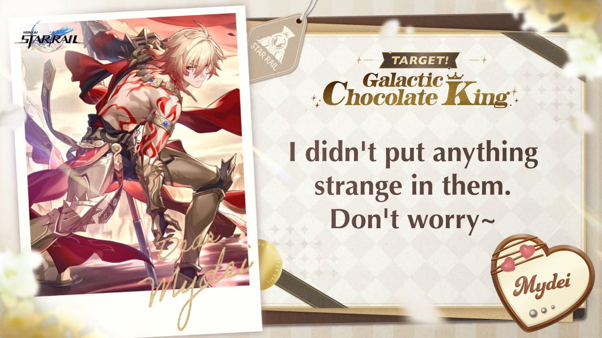 BOMBIRDIER's tweet photo. @honkaistarrail #TargetGalacticChocolateKing
I want to give a gift to #Mydei

Waiting for Phainon to become playable 🙏

🔻 Click the link below to make chocolate and receive response! Event will be open until 2/18.
https://t.co/3bTo0be4F7

@honkaistarrail #HonkaiStarRail https://t.co/gpx8SiGjVk