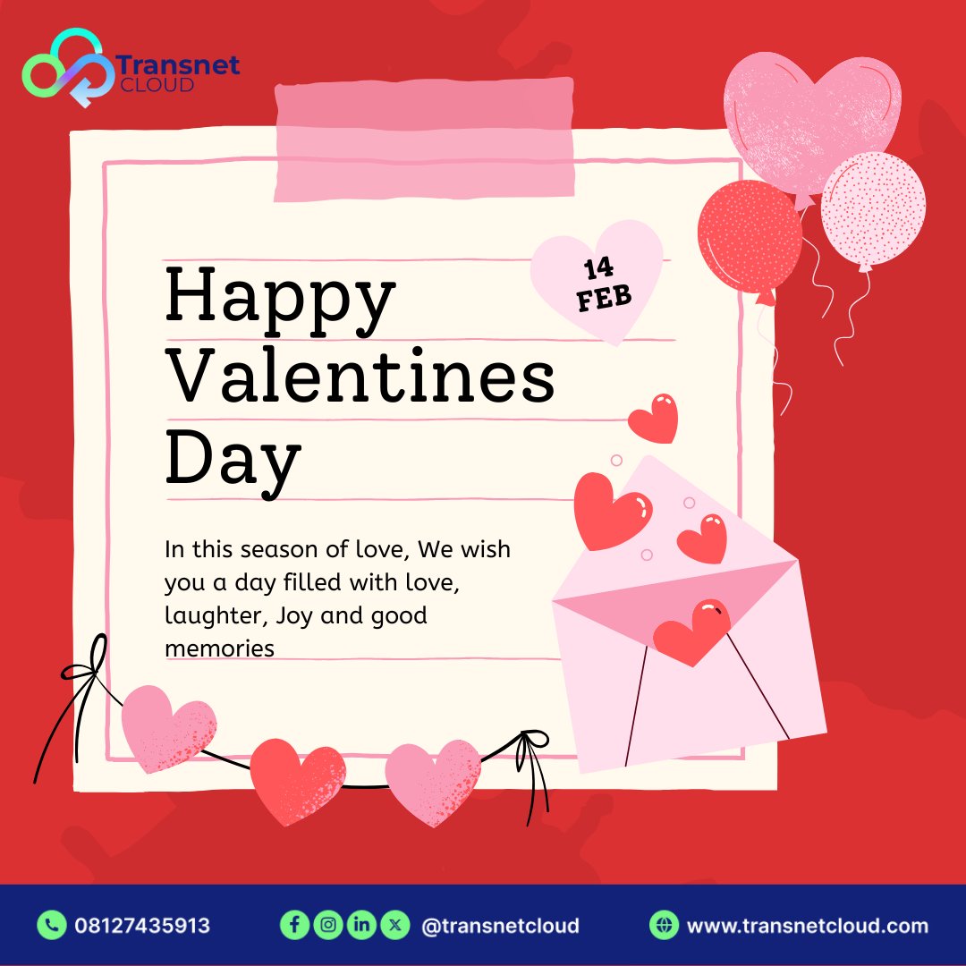 TransnetCloud's tweet photo. Happy Valentine's Day from Transnet Cloud!
Wishing love, connection, and seamless communication to all our amazing clients, partners, and friends around the world!
#HappyValentinesDay #TransnetCloud #CloudLove #ConnectionMatters #HappyValentines https://t.co/skzNRh2SxS