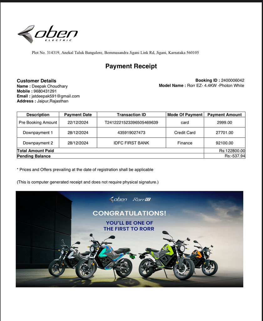 DeepakC75493816's tweet photo. @ObenElectric My bike delivery was delayed for months, and now I’m being told that compensation is not approved. This is completely unfair! I patiently waited despite multiple false promises, and now you refuse to compensate for the inconvenience? I demand a proper resolution! https://t.co/mBd248DPmm