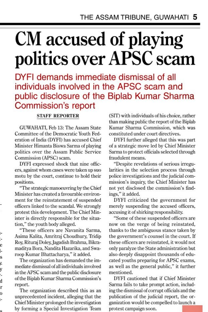#APSC_SCAM #Update
🚨Now, DYFI also accuses CM <a href="/himantabiswa/">Himanta Biswa Sarma</a> of playing politics over APSC

📌DYFI also demanded immediate dismissal of all the individuals involved in the APSCscam &amp; public disclosure of the Judicial Inquiry Commission relating to anomalies &amp; malpractices of APSC