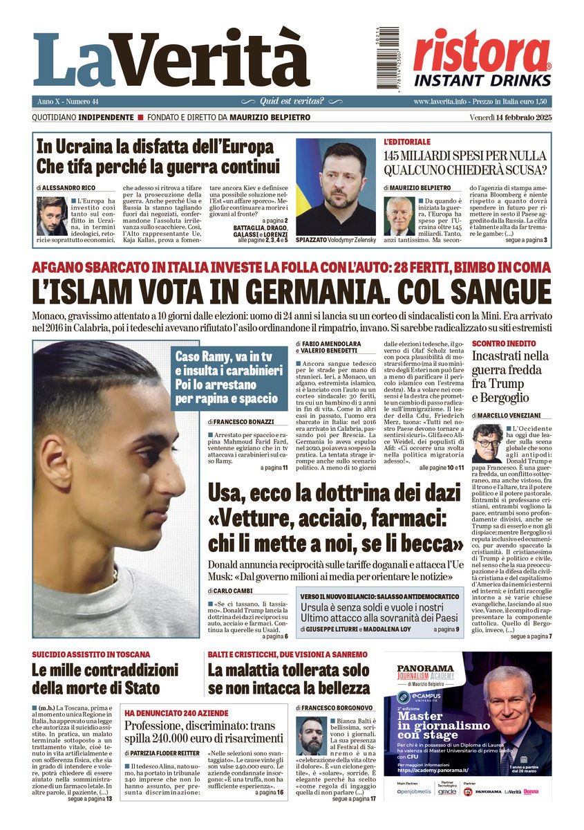 #LaVeritàdioggi

L'Islam vota in Germania. Col sangue

🗞️Caso Ramy, va in tv e insulta i carabinieri. Poi lo arrestano per rapina e spaccio
🗞️Le mille contraddizioni della morte di Stato
🗞️145 miliardi spesi per nulla qualcuno chiederà scusa?

social.laverita.info/sfogliatore