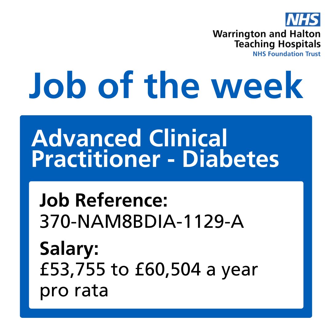 💼Job of the week💼

An exciting opportunity has arisen for Advanced Clinical Practitioner to join the diabetes team.

For more information and to apply for the job visit 🔽
ow.ly/Vq5350UYtfa