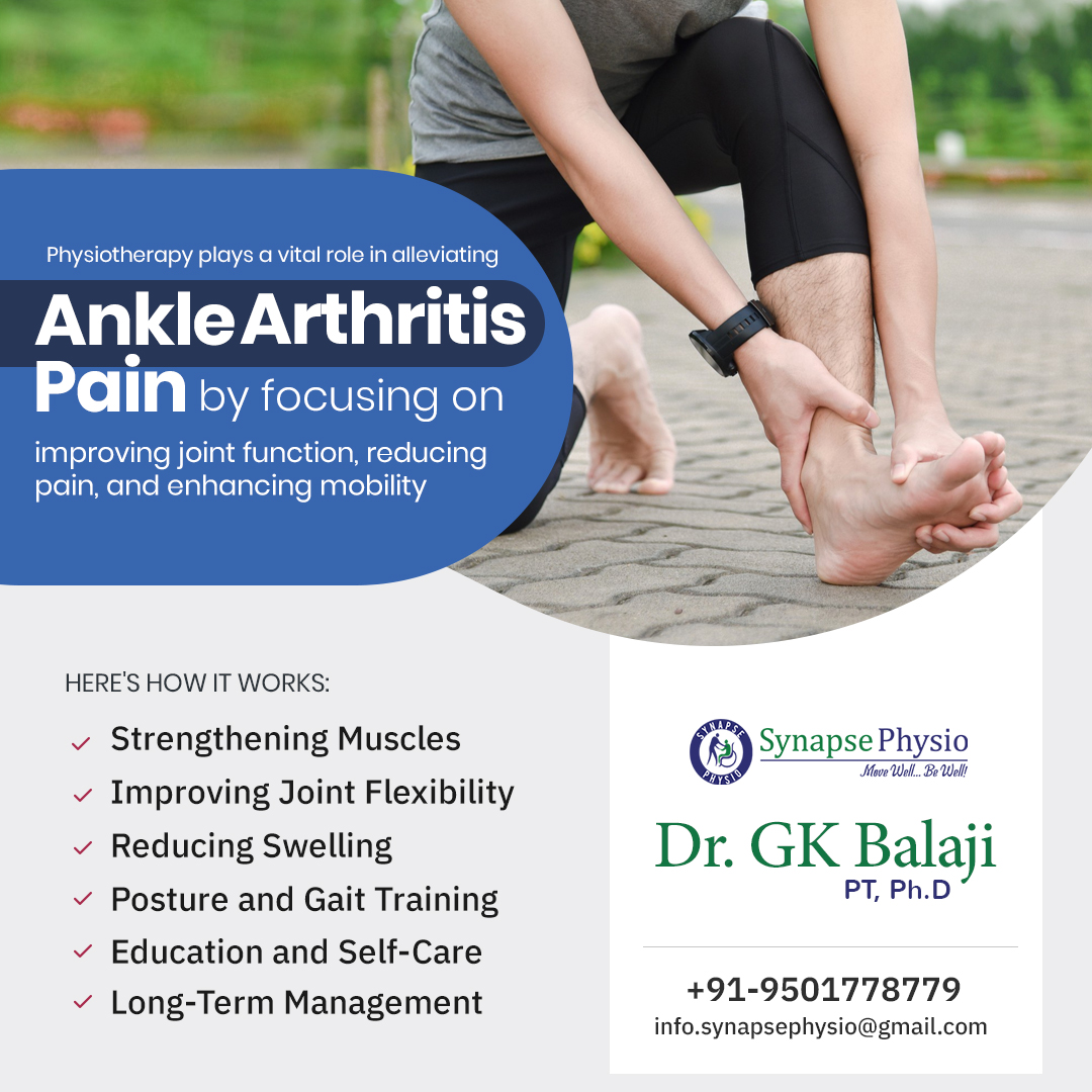 DrGKBalaji's tweet image. Fight ankle arthritis with physiotherapy! Restore movement, reduce pain, and get back to your daily activities. 
bit.ly/3OcNZ85
#anklearthritis #tailoredtreatments #physiotherapy #SynapsePhysio #drgkbalaji