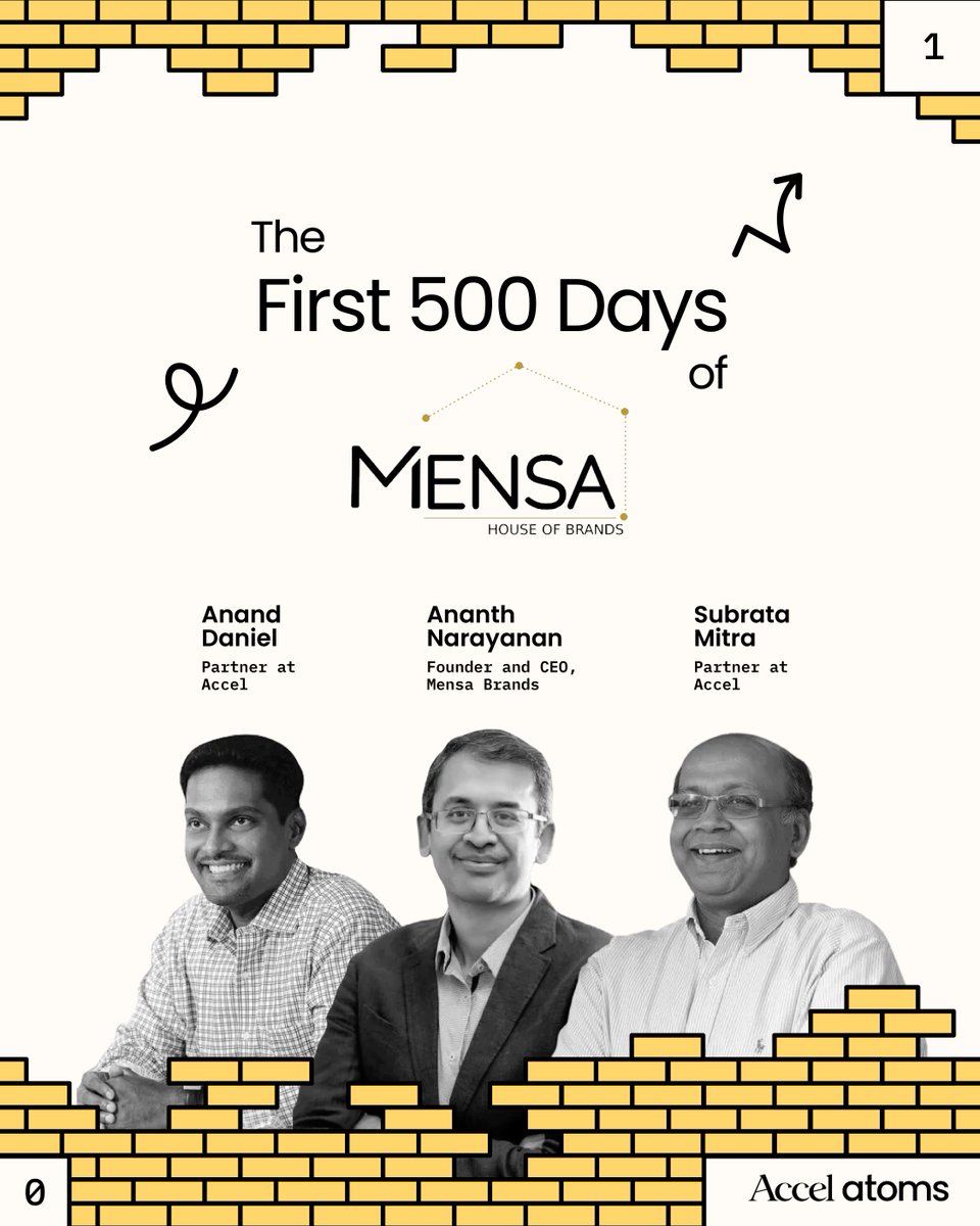 AccelAtoms's tweet image. Mensa started over a conversation between @ANarayanan24 and @subratamitra over kharabat &amp;amp; coffee in Bangalore Golf Culb!

In less than a year, @MensaBrands had already become a unicorn with a valuation of 1.2 billion dollars.

Insights from the First 500 Days of Mensa 👇