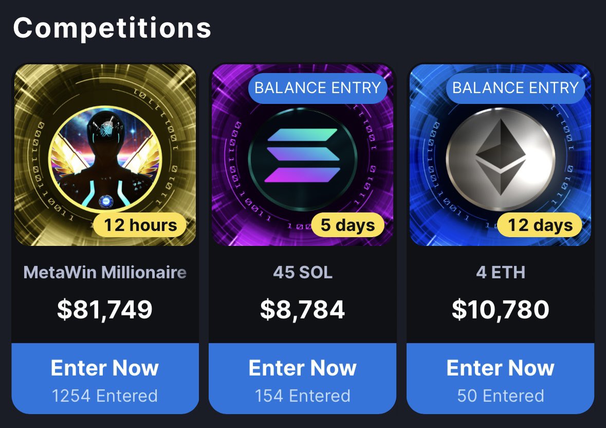 12 hours until this week’s METAWIN.COM MILLIONAIRE draws! 👀🎰

10 separate winners all get a share of the prize &amp; the jackpot grows larger with every entry!

To celebrate we are GIVING AWAY $200 in $ETH to 1 person who RTs &amp; Comments their MetaWin username below! 👇