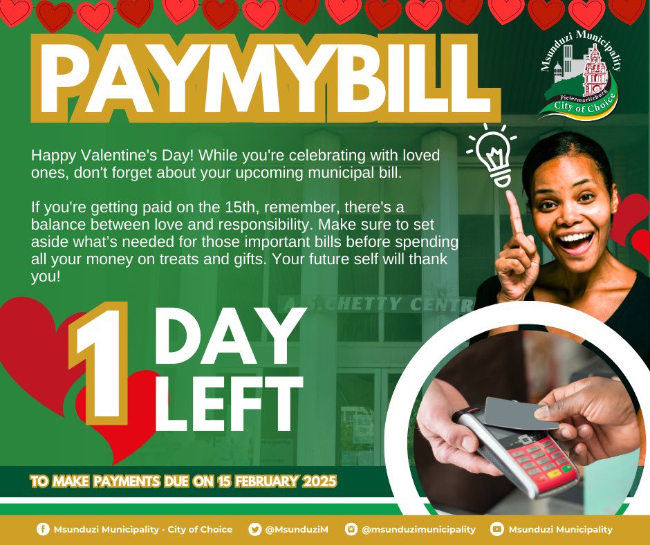 Happy Valentine's Day! 💖 While you're celebrating love, don't forget about your upcoming municipal bill. If you're getting paid on the 15th make sure to set aside what’s needed for those important bills before spending all your money on treats and gifts. #PayOnTime #asisho