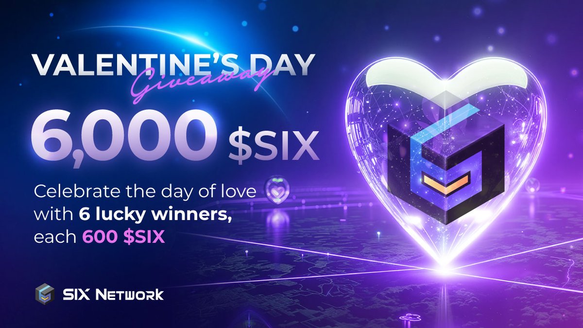 theSIXnetwork's tweet image. Valentine’s Special SIX Network #Airdrop Giveaway! 💘
.
Love is in the air and so are free $SIX tokens 🚀💕
This Valentine’s Day, SIX Network is giving away a total of 6,000 $SIX! 🎉
.
💎 6 winners will receive 600 $SIX each
.
📌 How to join?
1️⃣ Follow @theSIXNetwork
2️⃣ Like &amp;amp; RT…
