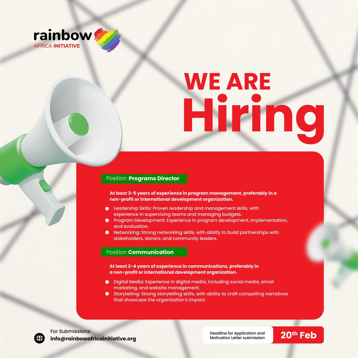 BE THE CHANGE!! 
We're hiring passionate individuals to amplify and fuel the voices of rural queer feminists youths. Submit your application today to the shared email on the poster below.