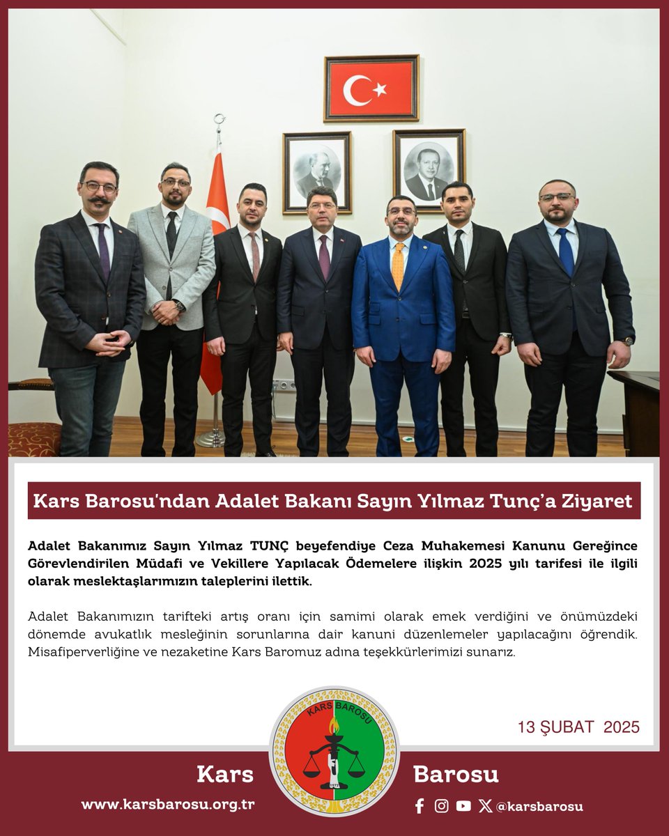 📍 Kars Barosu'ndan Adalet Bakanı Sayın Yılmaz Tunç'a (<a href="/yilmaztunc/">Yılmaz TUNÇ</a>) Ziyaret 
_______________
@karsbarosu36 <a href="/adalet_bakanlik/">T.C. Adalet Bakanlığı</a> <a href="/yilmaztunc/">Yılmaz TUNÇ</a> @ademcalkin <a href="/av/">AV</a>.necatyagci